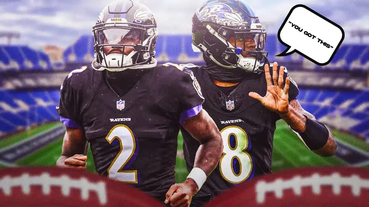 Baltimore Ravens quarterbacks Tyler Huntley and Lamar Jackson in front of M&T Bank Stadium.