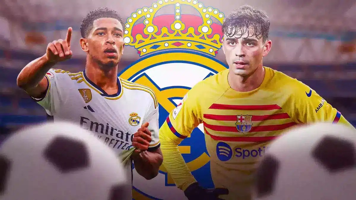 Pedri and Jude Bellingham in front of the Real Madrid logo
