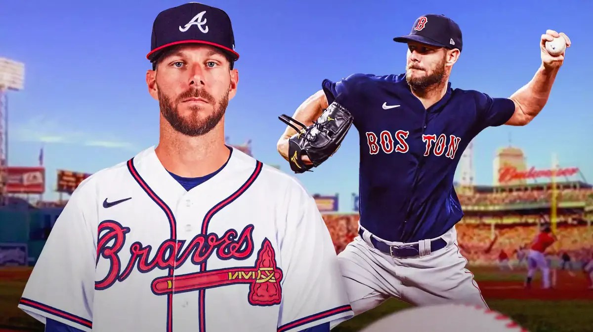 Chris Sale in a Braves uniform in front looking serious. In background, need Red Sox’s Chris Sale pitching a baseball.