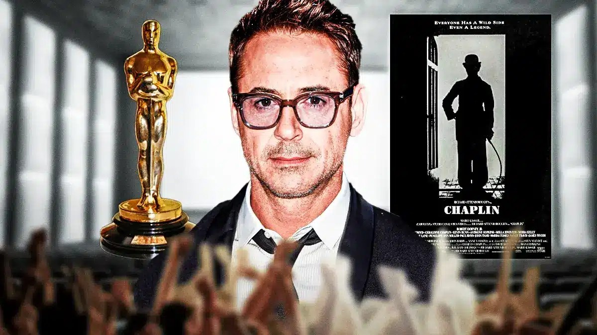 Robert Downey Jr. next to Oscars trophy and Chaplin poster.
