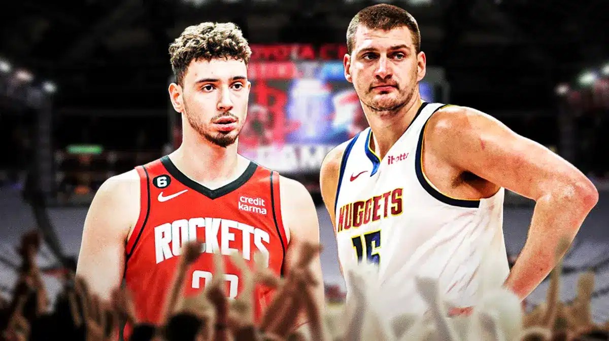 Rokcets, Nuggets, Nikola Jokic, Alperen Sengun, Alperen Sengun Rockets, Alperen Sengun and Nikola Jokic with Rockets arena in the background