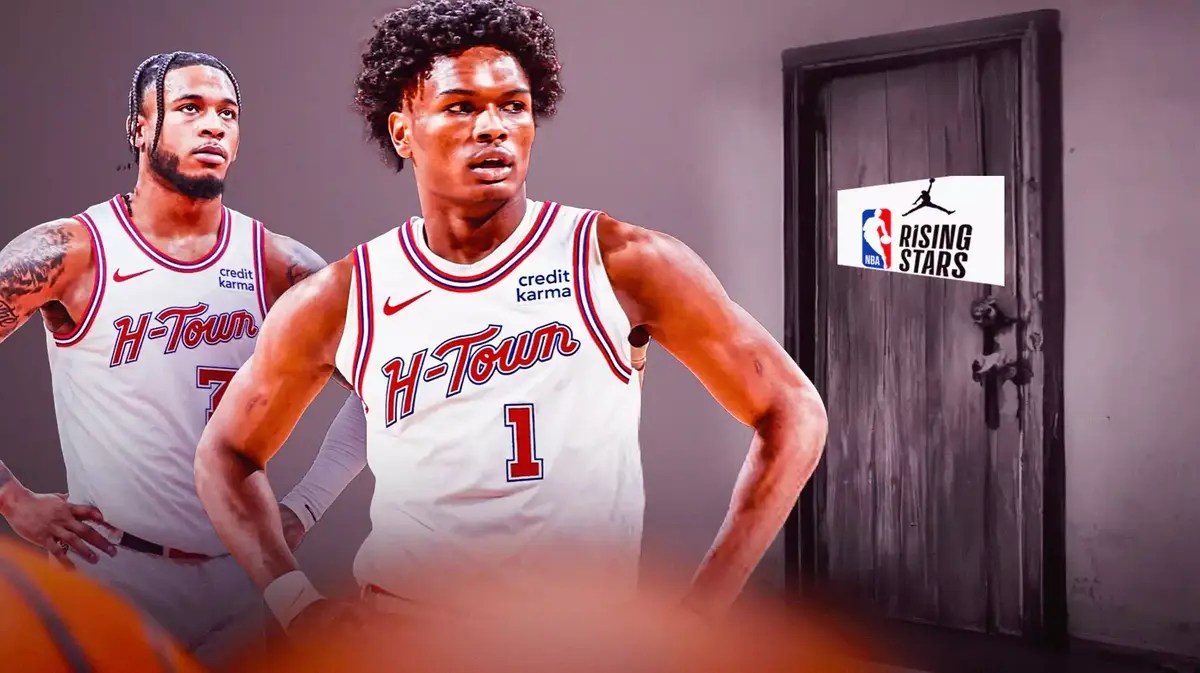 Rockets Cam Whitmore and Amen Thompson with hands on their hips on the left and the NBA Rising Stars roster “door” closed on the right.