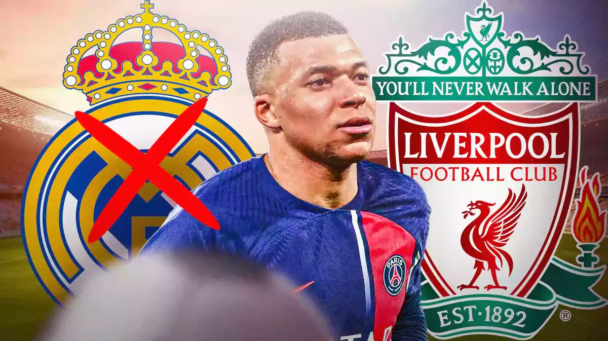 Kylian Mbappe in the middle, the Real Madrid logo crossed out on one side, the Liverpool logo on the other side