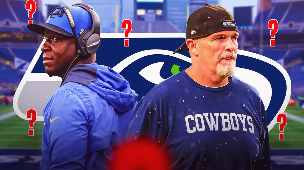 Seahawks logo. Dan Quinn, Raheem Morris. Question marks all around