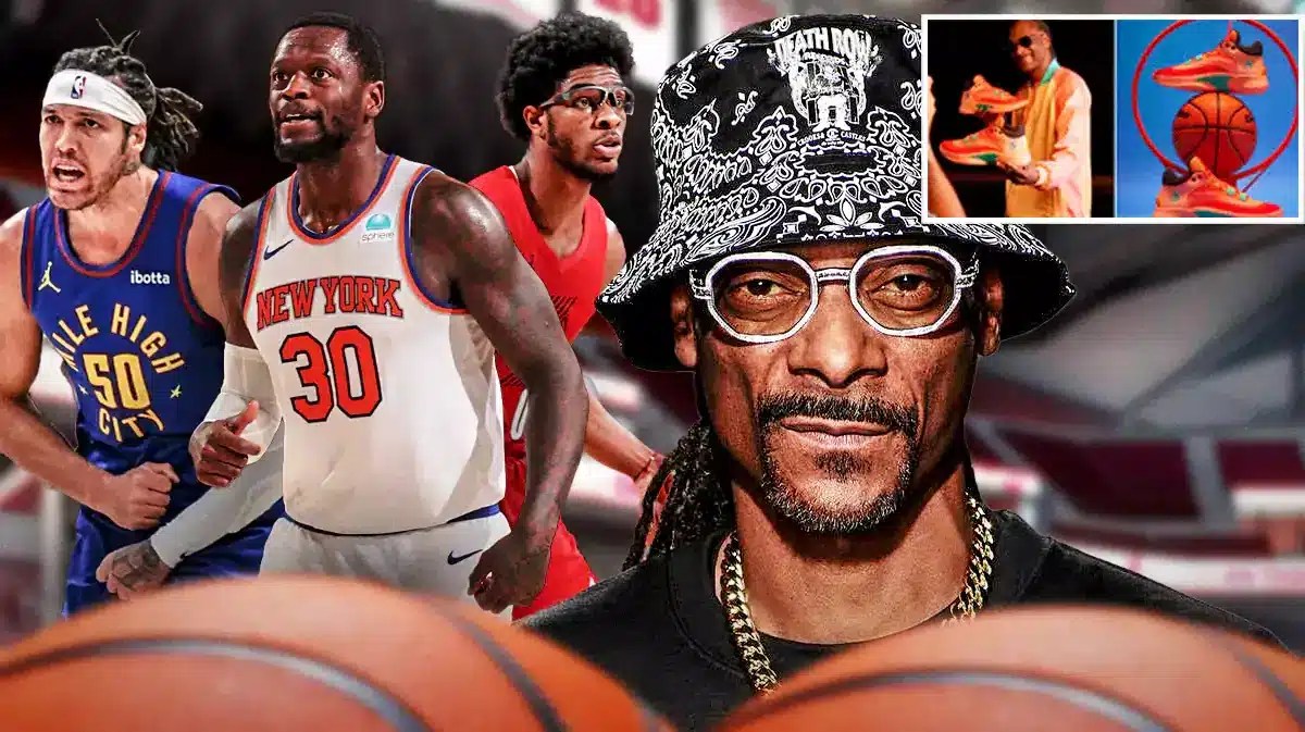 Snoop Dogg Sketchers with NBA players Julius Randle, Aaron Gordon, and Scoot Henderson in the back.
