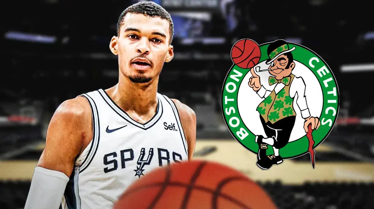 Spurs' Victor Wembanyama next to a Celtics logo