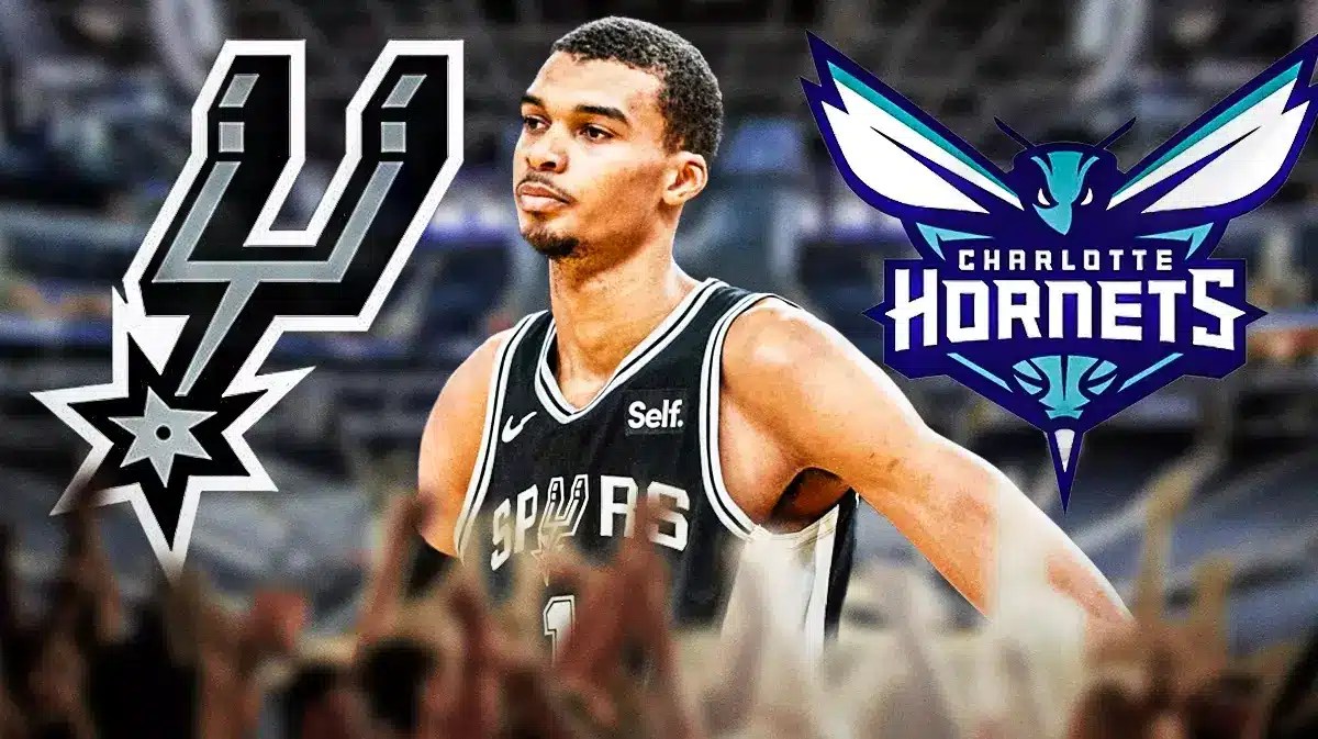 Victor Wembanyama in middle of image looking stern, Spurs and Hornets logos in image, basketball court in background