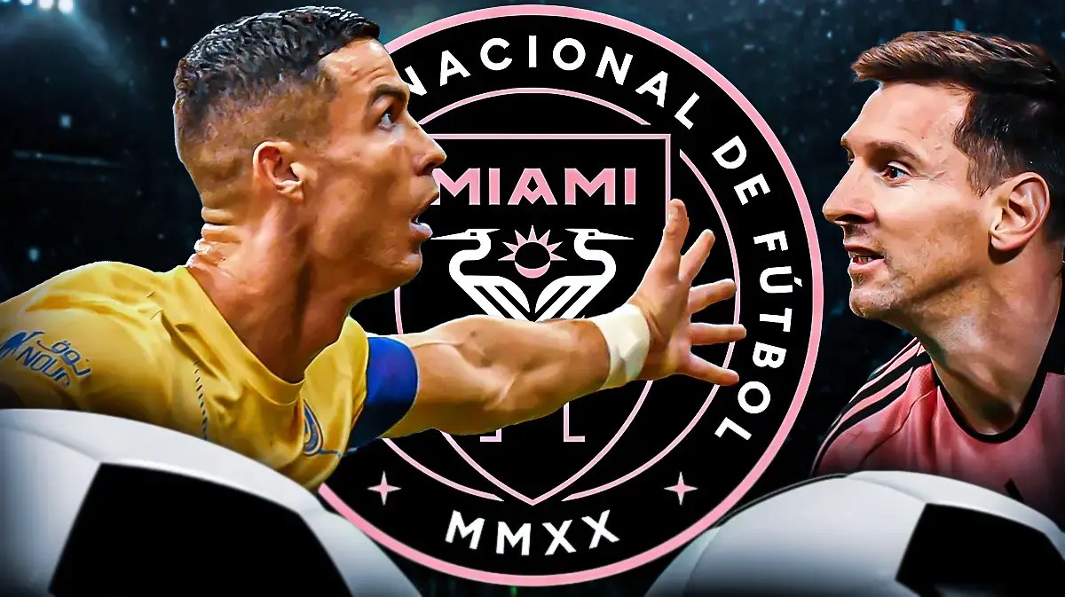 Cristiano Ronaldo doing his famous ‘SIU’ celebration, Lionel Messi looking at him, the Inter Miami logo behind them