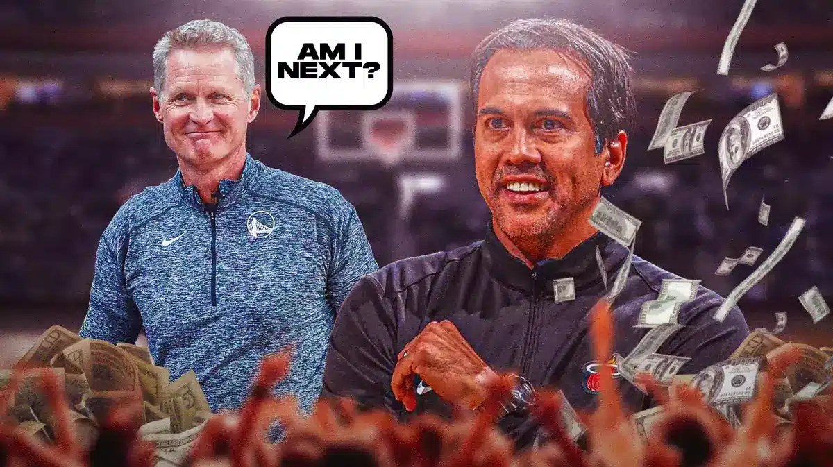 Steve Kerr asking "Am I next" alongside Erik Spoelstra with money falling