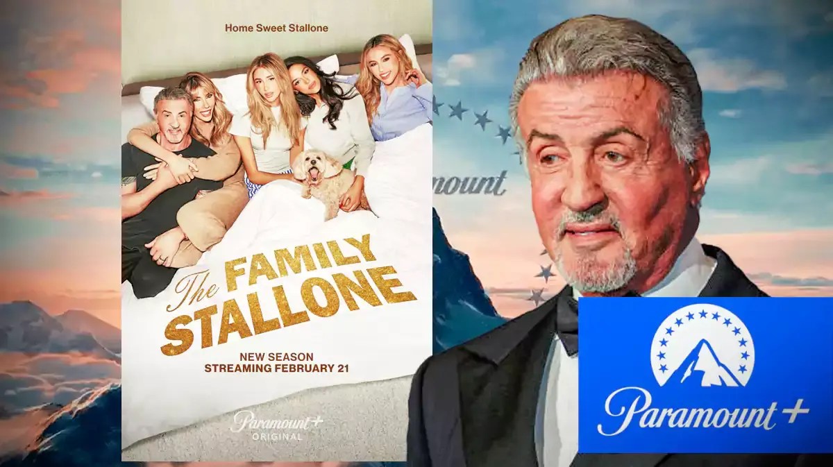 The Family Stallone Season 2 poster with Sylvester Stallone and Paramount+ logo.