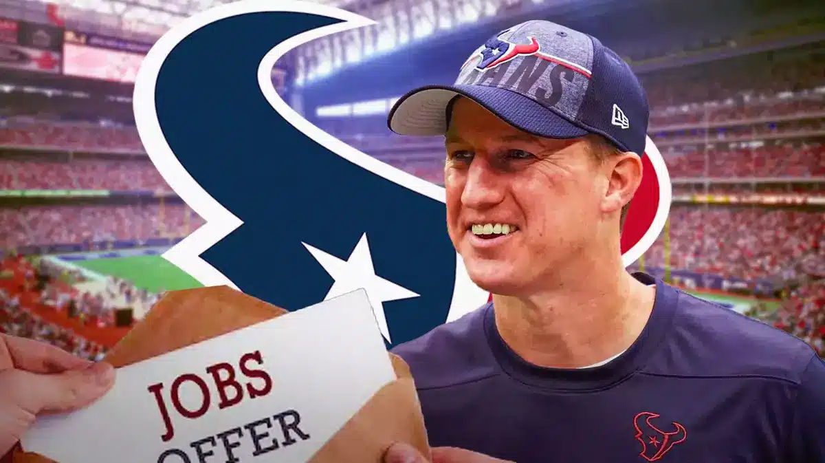 Houston Texans offensive coordinator Bobby Slowik and a Texans logo and please put some images of a job offer illustration