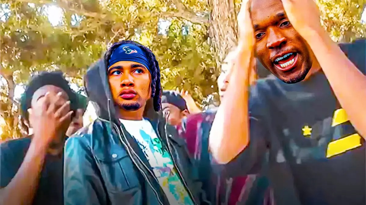 CJ Stroud (Texans QB) as the man in the hoodie and Demeco Ryan (Texans Head Coach) as the man on the right with hands on head