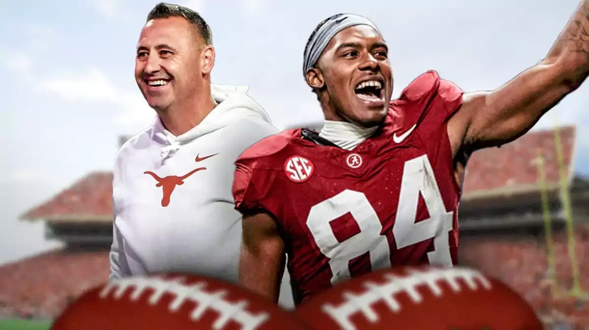 Texas football coach Steve Sarkisian and Alabama TE Amari Niblack