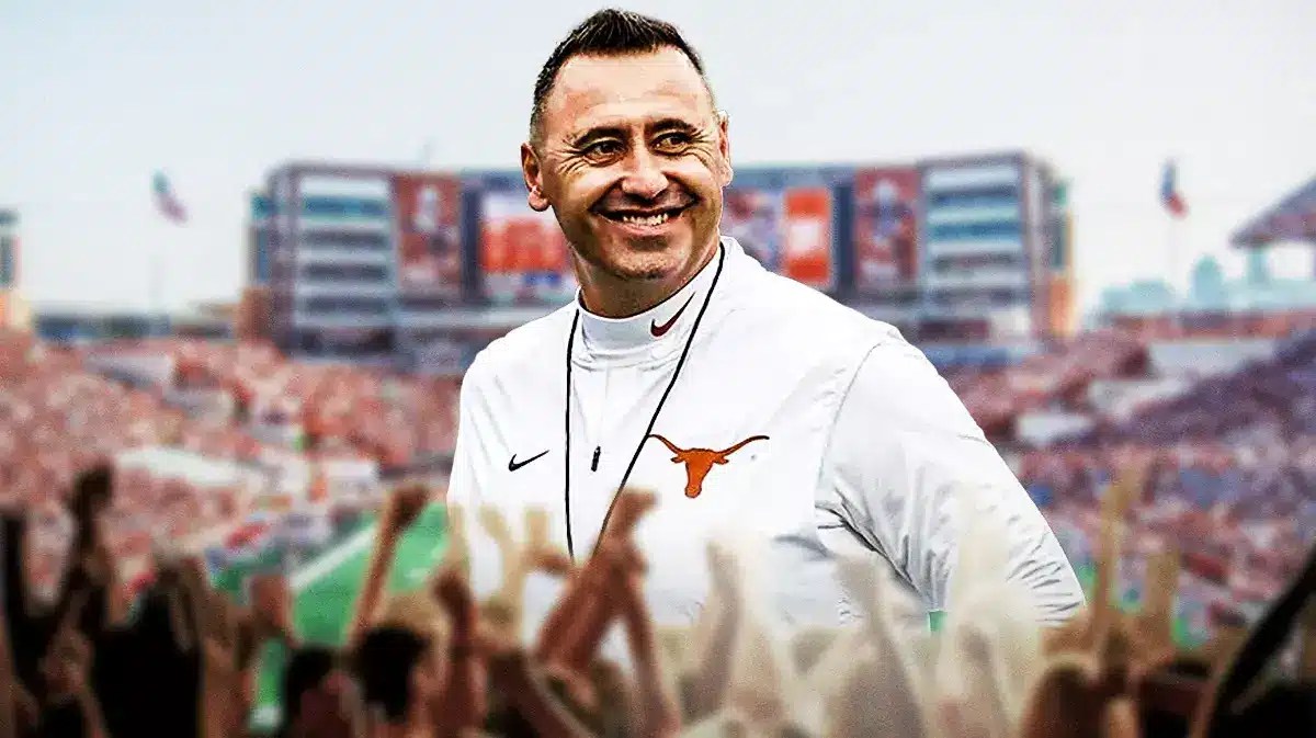 Texas football head coach Steve Sarkisian in front of Darrell K Royal-Texas Memorial Stadium.