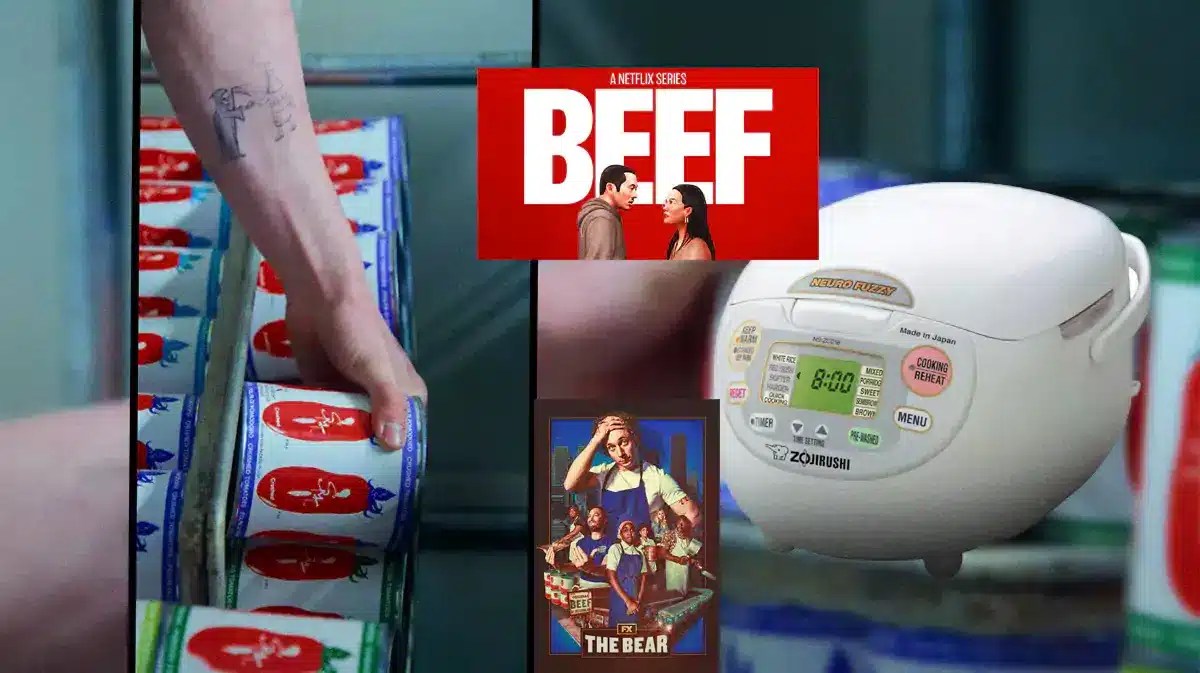 Show posters for Beef and The Bear alongside images from the shows of the tomato cans and Kelly Clarkson rice cooker