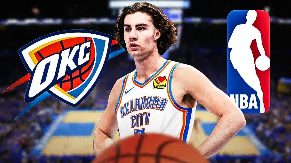 Josh Giddey in Thunder jersey, NBA logo, Josh Giddey facing allegations, Newport Police findings