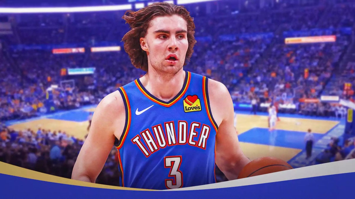 Josh Giddey with the Thunder arena in the background