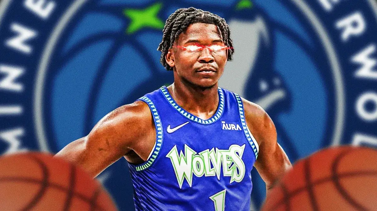 Timberwolves' Anthony Edwards with fire in eyes. Place the Timberwolves' logo in background.