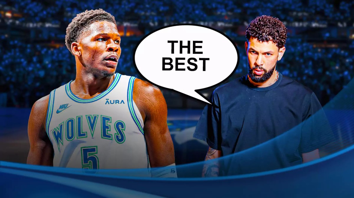 Anthony Edwards alongside Austin Rivers with Austin Rivers saying: 'The best,' also include the Timberwolves area in the background