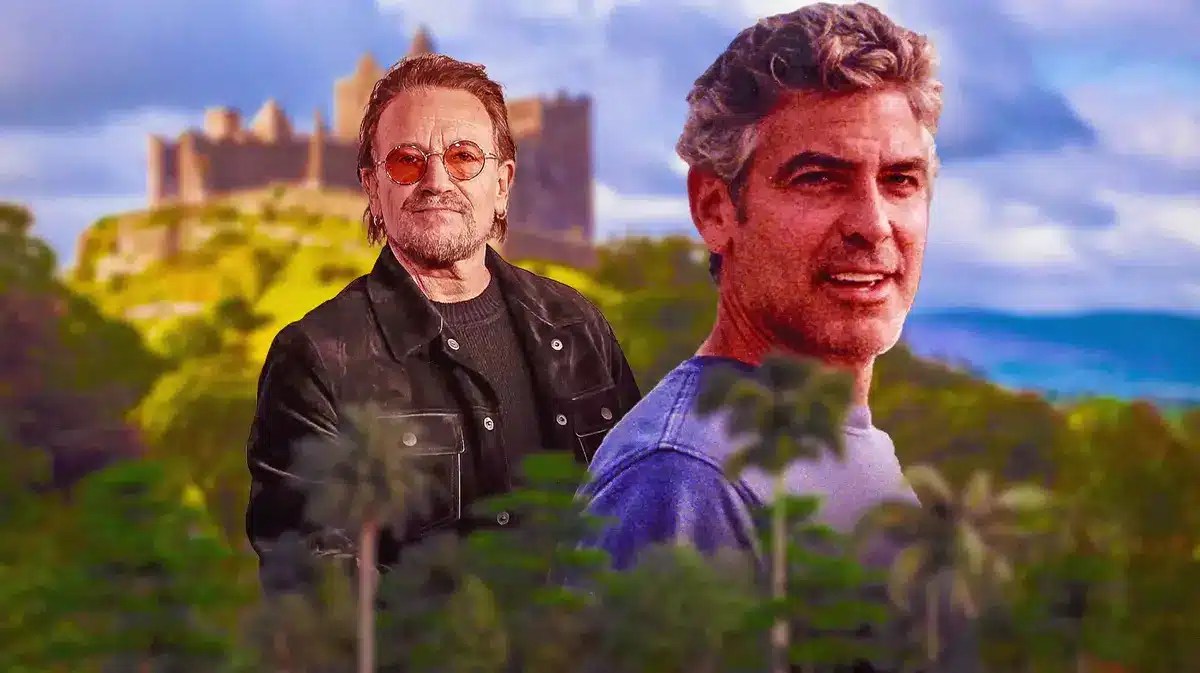 U2 frontman Bono and George Clooney in front of Ireland.