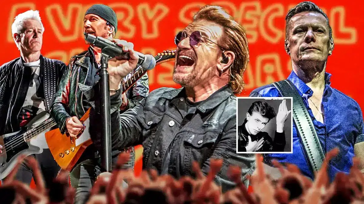 U2 members Adam Clayton, The Edge, Bono, and Larry Mullen Jr. with David Bowie Heroes and A Very Special Christmas album covers.