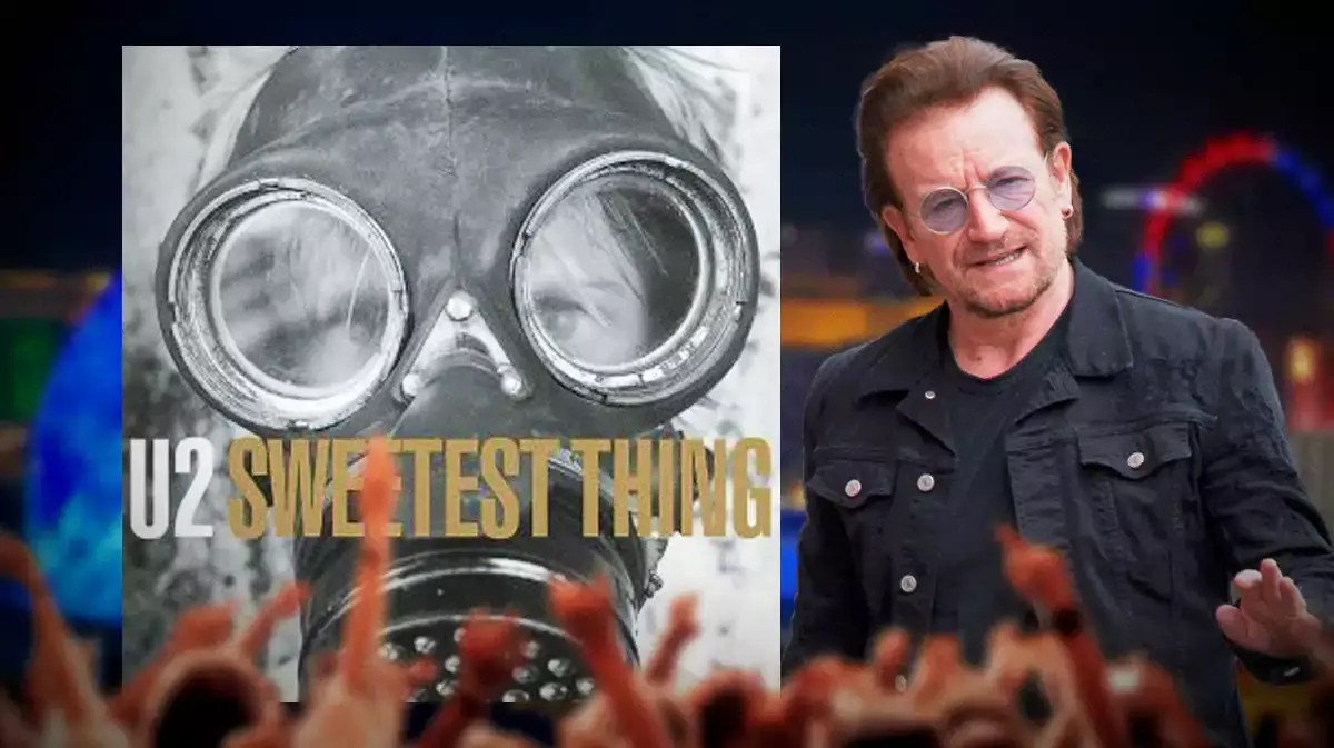 U2 Sweetest Thing album cover and Bono with MSG Sphere background.