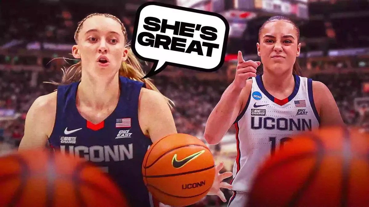 UConn women’s basketball player Paige Bueckers with a speech bubble saying “She’s great” next to UConn women’s basketball player Nika Muhl