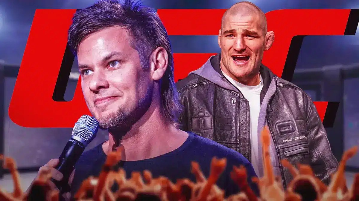 Sean Strickland in Theo Von’s podcast, the UFC logo behind them