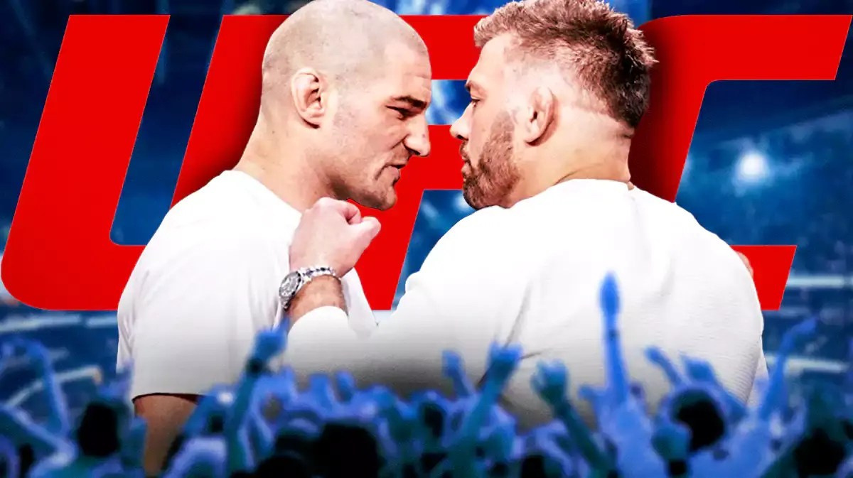 Sean Strickland facing off Dricus Du Plessis in front of the UFC logo