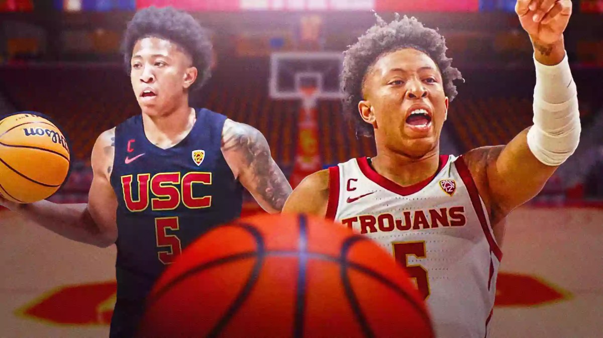 USC basketball, Boogie Ellis, Andy Enfield, Trojans, Washington State basketball, Boogie Ellis in USC uni with USC basketball arena in the background