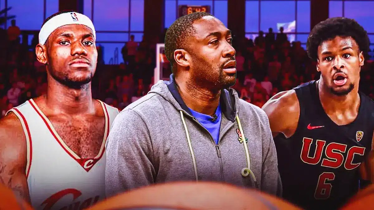 USC basketball Bronny James and Lakers LeBron James with Gilbert Arenas