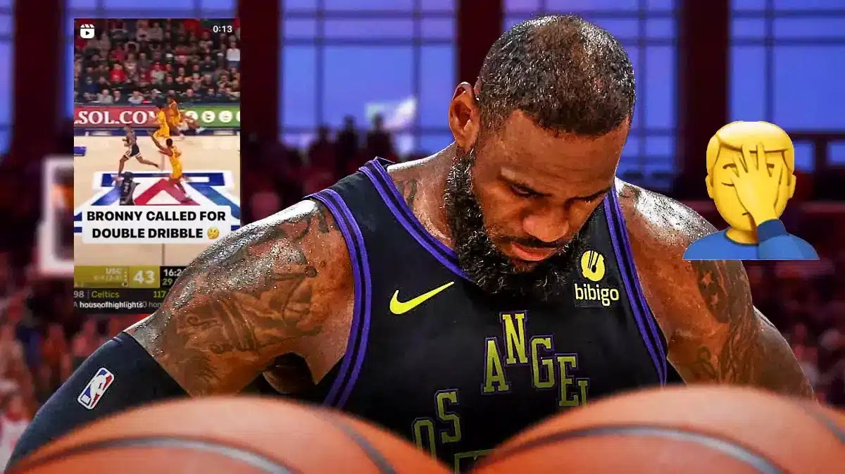 LeBron James with the 🤦🏾‍♂️ emoji next to him. Bronny James in the background