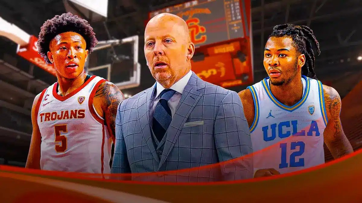 USC Basketball Boogie Ellis with UCLA basketball Mick Cronin and Sebastian Mack