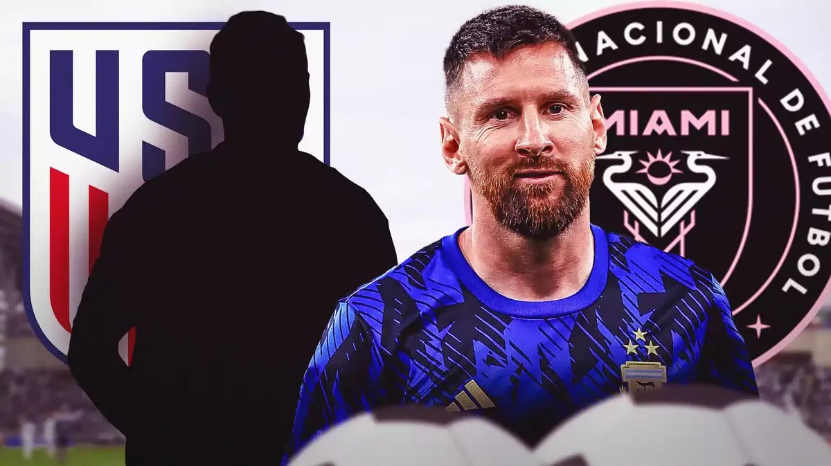 The silhouette of Julian Gressel in front of the USMNT logo, Lionel Messi in front of the Inter Miami logo next to him