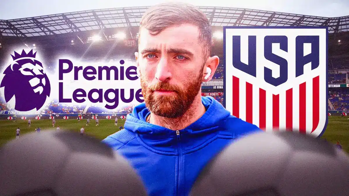 Matt Turner in front of the USMNT and Premier League logos