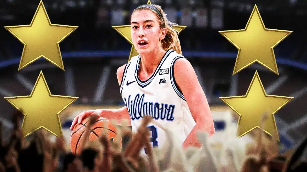Villanova women’s basketball player Lucy Olsen with stars around her