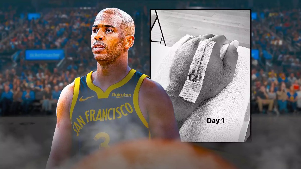 Chris Paul with the Warriors arena in the background, also include a screenshot from the link.