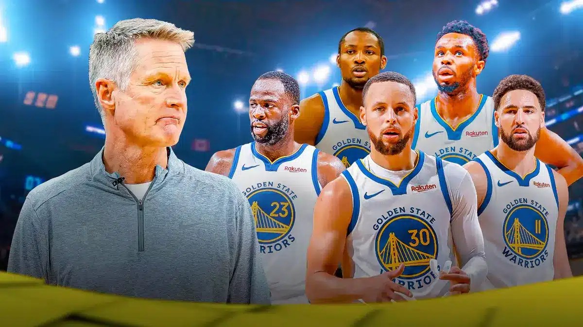 Warriors' Steve Kerr, Draymond Green, Stephen Curry, Klay Thompson, Jonathan Kuminga and Andrew Wiggins