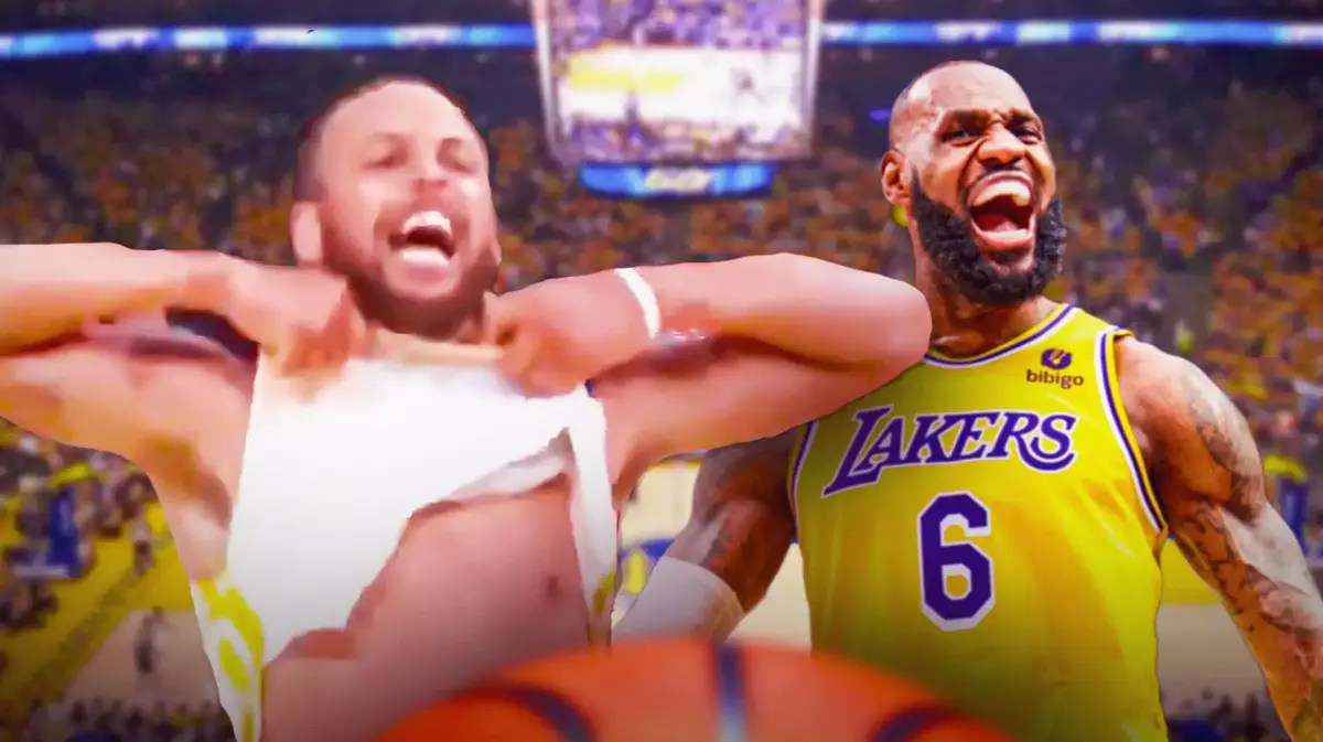 Warriors guard Steph Curry ripping his jersey with LeBron next to him