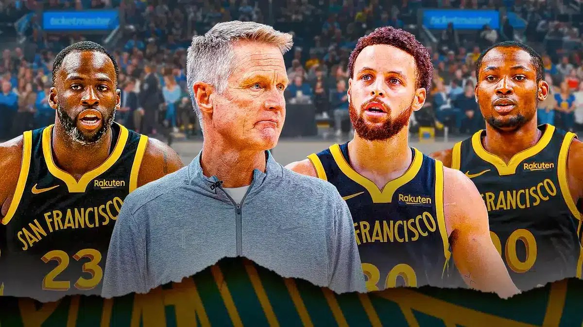 Warriors' Draymond Green, Steve Kerr, Stephen Curry and Jonathan Kuminga