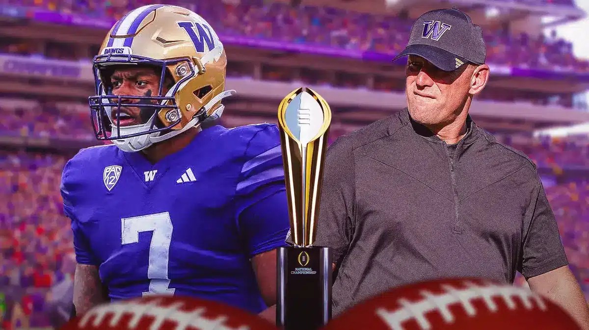 Washington football coach Kalen DeBoer and injured running back Dillon Johnson