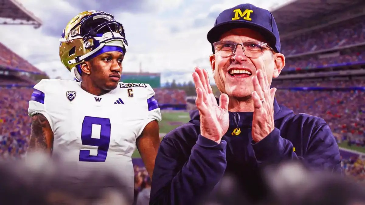 Michigan coach Jim Harbaugh and Washington football star Michael Penix Jr