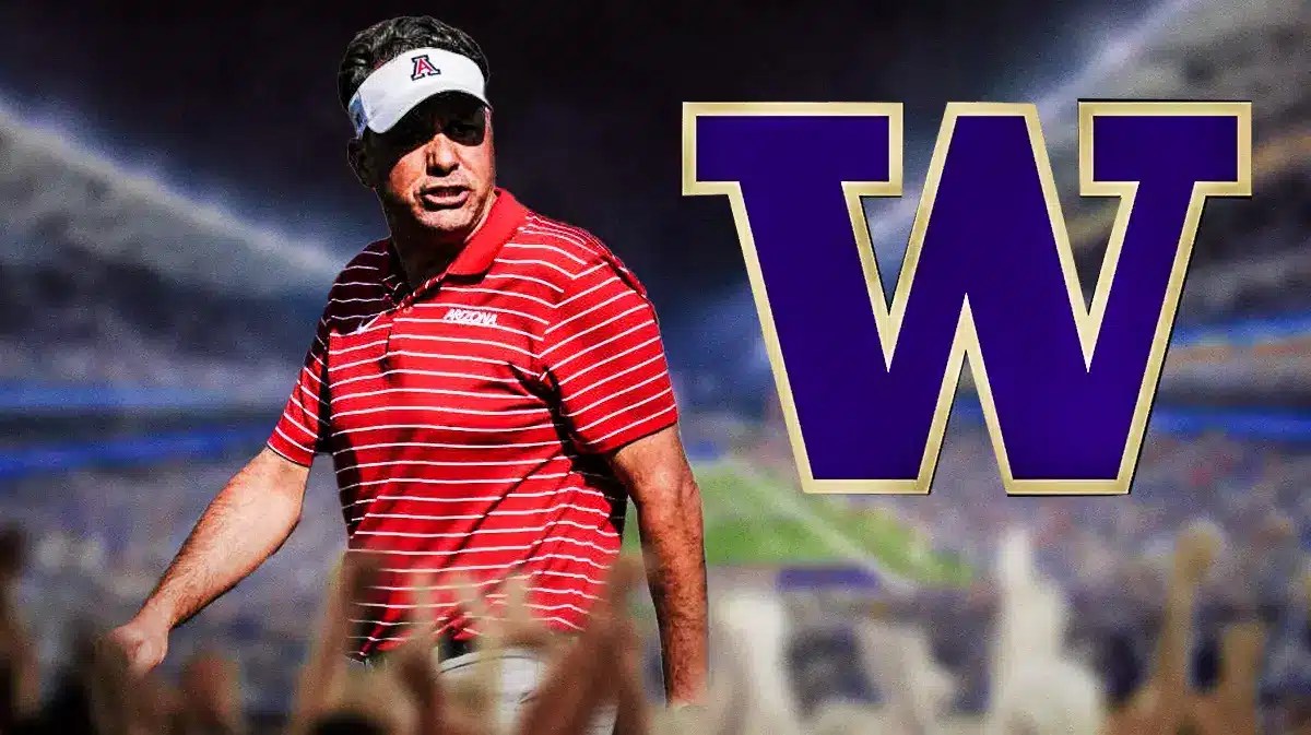 Jedd Fisch next to the Washington football logo