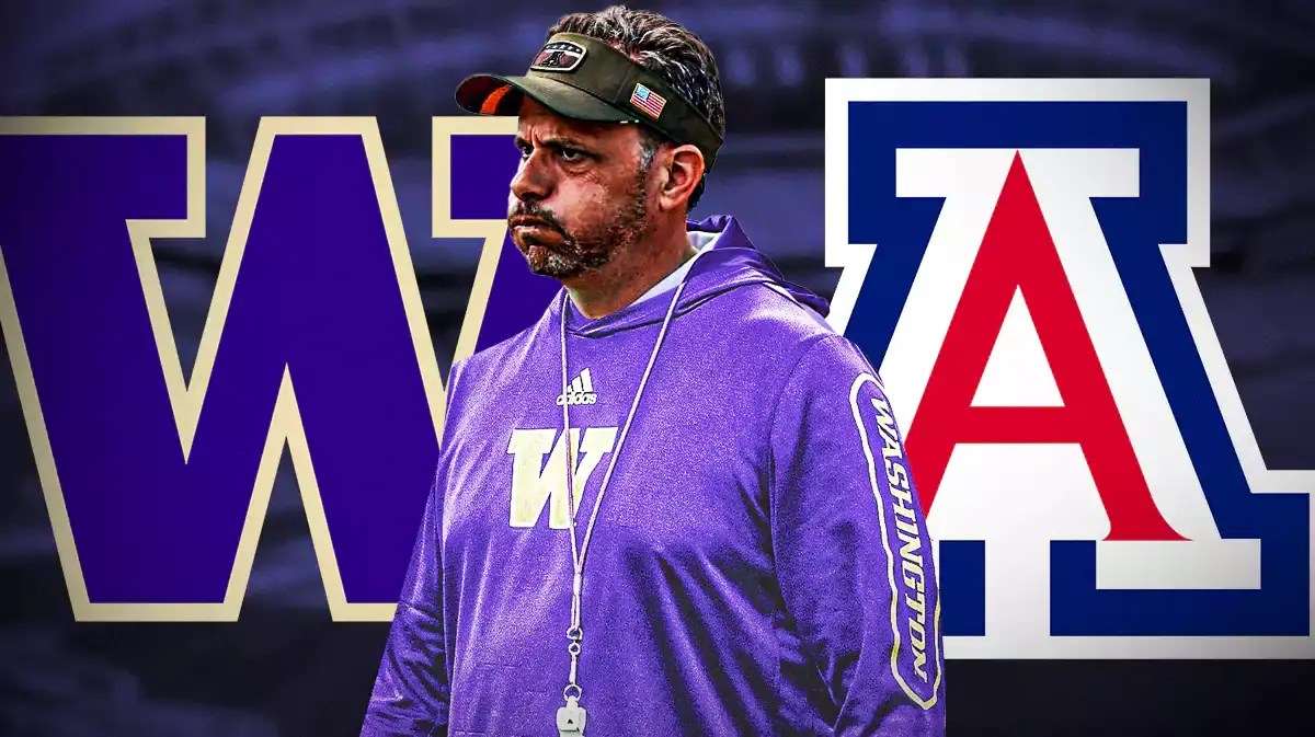 Photo: Jedd Fisch in Washington gear with Arizona and Washington logo behind him