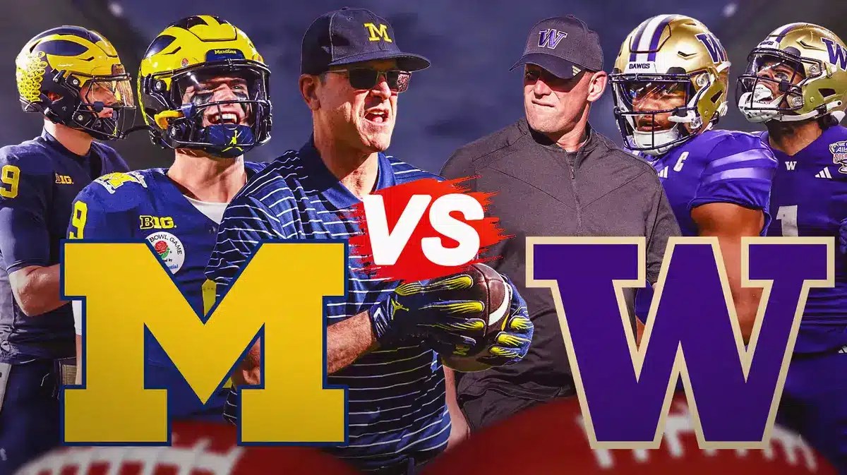 Jim Harbaugh, J.J. McCarthy, Blake Corum, Michigan logo vs. Michael Penix Jr., Rome Odunza, Kalen Deboer, Washington logo. CFP National Championship logo and trophy front and center.