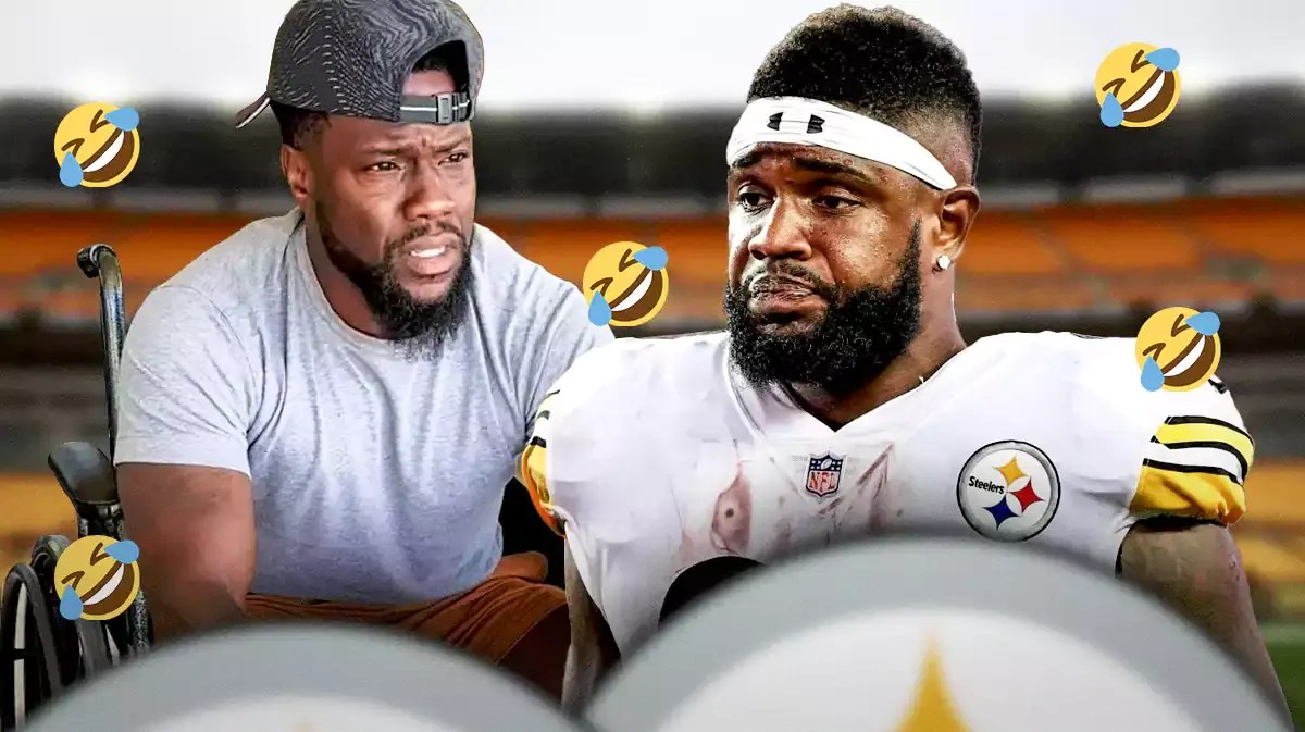 Kevin Hart in a wheelchair on one side, Steven Ridley on the other side, a bunch of crying laughing emojis in the background