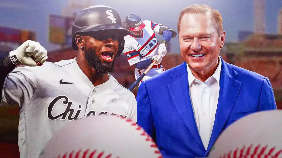 White Sox’s Luis Robert, agent Scott Boras looking serious in front. In background, White Sox’s Luis Robert swinging a baseball bat.