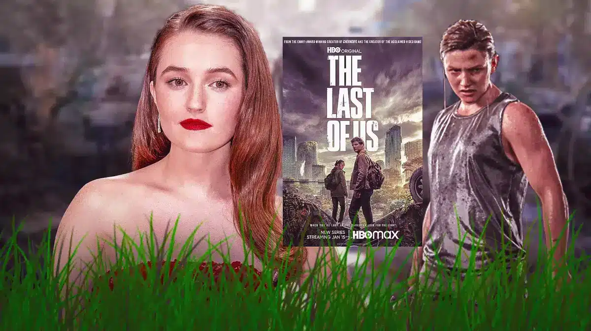 Kaitlyn Dever next to The Last of Us poster and Abby from the game.