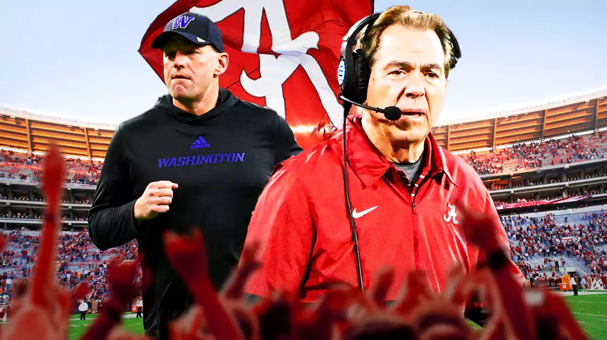 Alabama football, Washington football, Kalen DeBoer, Nick Saban, Crimson Tide, Nick Saban and Kalen DeBoer with Alabama football stadium in the background