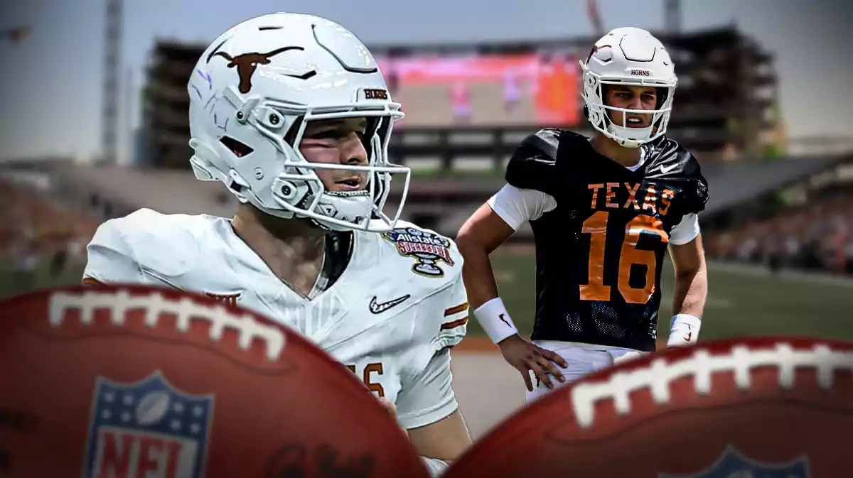 Texas football, Longhorns, Quinn Ewers, Arch Manning, Arch Manning Texas, Quinn Ewers and Arch Manning in Texas unis with Texas football stadium in the background